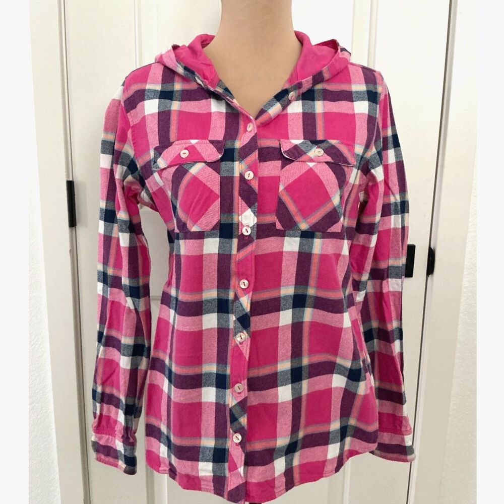 Eddie Bauer Women’s M Pink Plaid Hooded Flannel Shirt Outdoors/Hiking/Camping